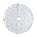 White plush Christmas tree skirt featuring silver feather foil pattern with center hole - Silver Feather / 122cm