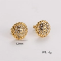 Exquisite 12mm 304 stainless steel gold stud earrings with sparkling white rhinestones - Disc Base Pave Style (AMLEH224)