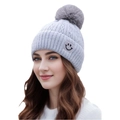 Women's grey knitted beanie with fluffy faux fur pompom and cute smiley face patch - One Size / Grey-Smile Face