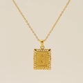 Gold stainless steel necklace with square hollow lace pendant and textured finish - Letter I