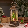 Bronze Christmas lantern snow globe with Xmas tree, snowman and USB power cable - Rotating Lantern Christmas Tree