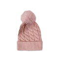 Detail of pink cable knit winter hat with a large faux fur pompom and ribbed cuff - Pink