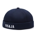 Dark blue cotton docker cap with white NY&JA letter embroidery and retro brimless design - Adjustable / Navy Blue