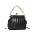 Elegant black quilted shell bag with pearl handle and gold chain strap in PU leather - Black