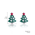 Green Christmas tree stud earrings with red rhinestones and size measurements - Green Rhinestone Tree (SD-13)