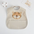 Waterproof baby feeding bib in beige with cartoon tiger print and front crumb catcher - Pu Bib (double-layered Pocket) - Big Mouth Tiger / One Size