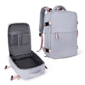 Grey travel backpack with pink straps showing closed view and open storage compartments - Horizontal Single Zipper / Grey Purple