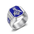 Anello massonico da uomo in acciaio al titanio con smalto blu e simbolo della bussola - US 8 / Color Acciaio