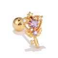 Pendiente piercing de oro 18k con circón estrella púrpura y diseño de varita mágica - Cetro de Corazón