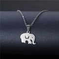 Polished silver elephant pendant necklace in stainless steel on a display stand - Elephant