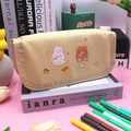 Light brown large capacity pencil case with cute rabbit and bear cartoon graphics - Yellow