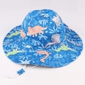 Blue kids sun hat with cartoon dinosaur print and adjustable white chin strap - 49 Jurassic Park / 54cm