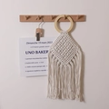 Decoración de pared bohemia de cuerda de algodón blanco crema con flecos y aro de madera - Beige