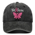 Dark gray washed denim baseball cap with pink ribbon Believe embroidery for breast cancer awareness - Adjustable / Black