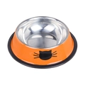 Orange stainless steel pet bowl with cat face print and non-slip rubber base ring - Orange