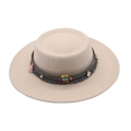 Beige flat top wide brim wool hat with turquoise accent and colorful boho tassels - Beige