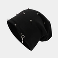 Close-up of hip hop knit beanie with silver punk metal rivets and a side hoop ring detail - Silver Studs Style