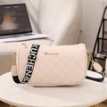 Chic cream-white quilted PU leather crossbody bag with wide letter-print shoulder strap - White