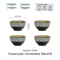 Set of 4 Prussian blue ceramic bowls with embossed wave texture and reactive glaze - Set of 4 / 4.8 Inch / Prussian Coast