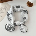 Lightweight cotton linen neck scarf with black floral print and scalloped trim decoration - White Polka Dot Flower