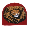 Dark red knit beanie featuring a detailed lion head pattern for a trendy autumn look - M (56-58cm) / Burgundy