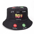 Detail of retro 90s calling screen print on black bucket hat made of cotton blend fabric - M (56-58cm) / 90A Phone Calling UI