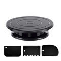Black rotating cake turntable set with three matching plastic cream scrapers for DIY baking - Black Turntable and Scraper Set / Black