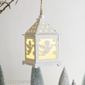 White wooden Christmas house hanging ornament with LED warm light and angel cutout detail - White Angel Lantern Hanging