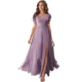 Purple V-neck chiffon bridesmaid dress with flutter sleeves and high side slit - US size 2 (S) / Bottoms / Purple