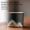Handcrafted Japanese style ceramic tea cup with mountain landscape pattern in matte black - Straight Cup / Matte Black