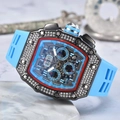 Luxury tonneau quartz watch with diamond bezel, skeleton dial, and sky blue silicone strap - Light Blue Dial Black Case Light Blue Strap