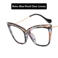 Retro blue floral cat-eye glasses frame with clear lenses and gold metal details - Retro Blue Floral White Lens