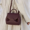 Minimalist burgundy pebbled leather handbag with top handle and adjustable strap - No Gift Box / Bordeaux / Small