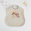 Waterproof baby bib in beige featuring a cartoon dog and ice cream print with large pocket - Pu Bib (double-layered Bib) - Pink Hat Puppy / One Size