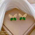 Titanium steel butterfly earrings set with green and white gems on white silk backdrop - 925 Silver Pin + Gold Plated Copper / Butterfly Stud Earrings (E316)