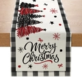 Chemin de table de Noël avec imprimé Joyeux Noël et bordures classiques à carreaux noir et blanc - ZQ036-1 (Sapin de Noël à Carreaux Noir et Blanc)