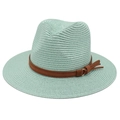 Detail of mint green woven panama hat showing the brown leather band and straw texture - Mint Green