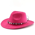 Detailed view of magenta wide brim western hat with ethnic belt and bohemian charms - M(56-58cm) / Rose Red