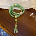 Three-wrap light green bead bracelet with golden butterfly and tassel charms - Triple Layer Style (16#)