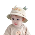 Cute beige baby bucket hat with green frog doll and yellow OOPS embroidery detail - 8 Months-3 Years (46-50cm) / 07 Beige (Frog Whale)