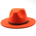 Classic bright orange wide brim wool fedora hat with a brown faux leather buckle band - M (56-58cm) / Orange
