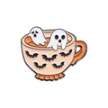Cute Halloween ghost and bat pattern enamel tea cup pin with vibrant orange finish - Halloween Ghost Cup