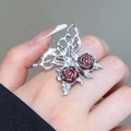 Silver镂空butterfly ring with two red enamel roses in gothic aesthetic style - Hollow Butterfly Red Rose Ring (1468) / Silver