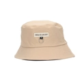 Beige cotton bucket hat for women with letter patch design and metal ring detail - Khaki