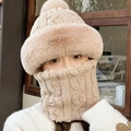 Winter fluffy faux fur bucket hat and neck warmer set in soft beige knit for women - Khaki (Korean Twist One-piece)