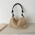 Minimalist summer straw woven shoulder bag with black leather straps and knot detail - Black