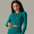 Seamless ribbed yoga set in teal featuring zipper long sleeve top and high waist leggings - S / Tops / Dark Green