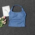 Sleeveless backless yoga halter neck sports bra in dusty blue with rib texture - S / Azure Blue