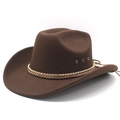 Classic dark brown wool felt western cowboy hat with wide brim and braided gold bead band - M (56-58cm) / Brown