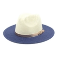 Close-up of bicolor straw hat with navy blue brim and rose gold metallic buckle strap - M(56-58cm) / Cream White + Navy Blue